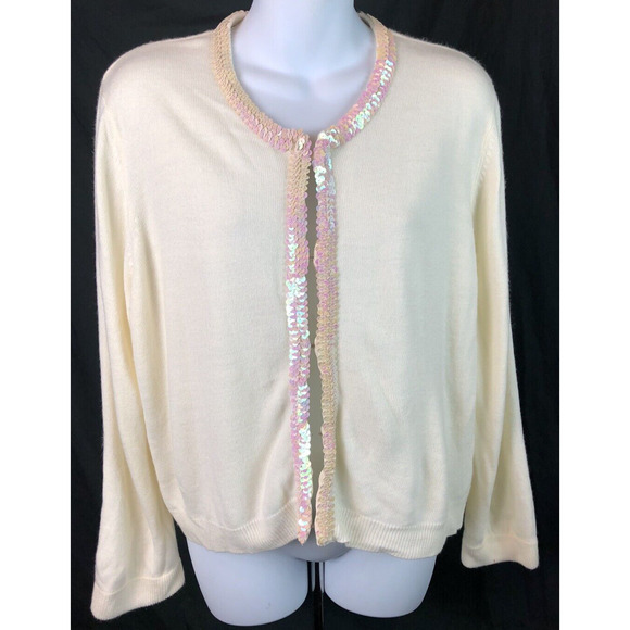 Vintage Cardigan Sweater XL Ivory Sequins Long Sleeve Fairy Coquette Y2K 90s - Picture 1 of 6